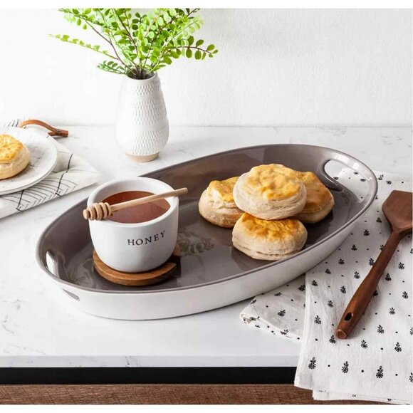 New!  Stoneware Honey Pot with Wood Lid & Dipper - Hearth & Hand with Magnolia - Picture 2 of 6